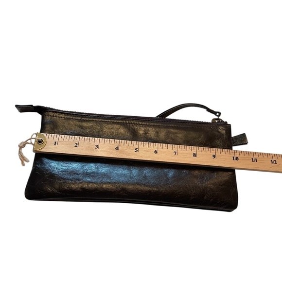 Lattico Leather Wristlet-Dark Brown-Three Zip Compartments-Geometric Fabric - Picture 7 of 9